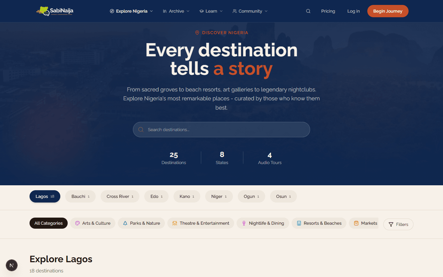 The Explore Nigeria destinations page, showing live destinations and states across Nigeria.