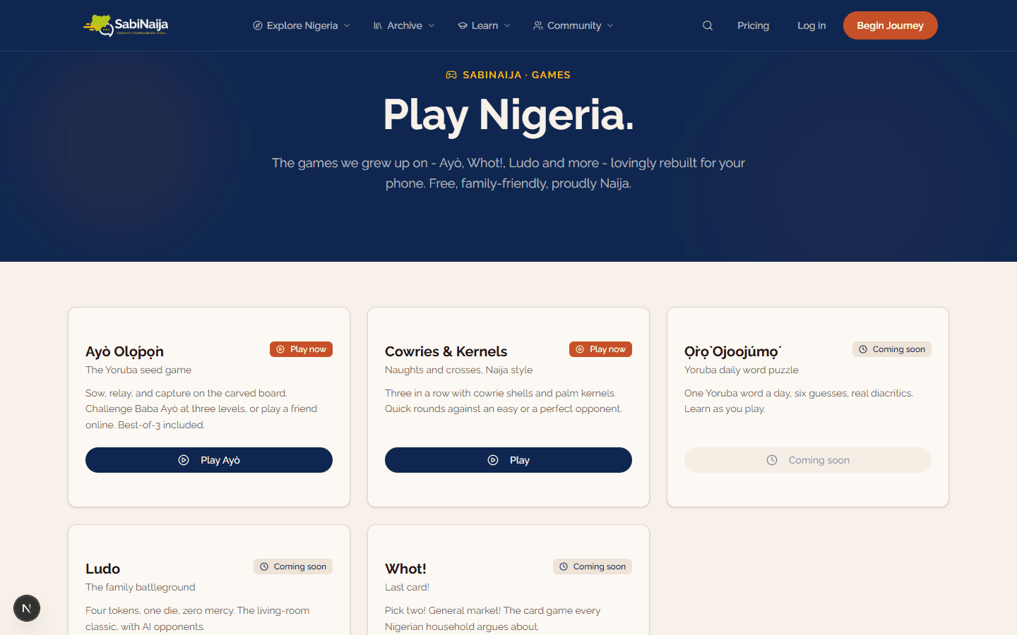 The SabiNaija games page, showing Ayò Olọ́pọ̀n and Cowries & Kernels as playable, with further games marked coming soon.
