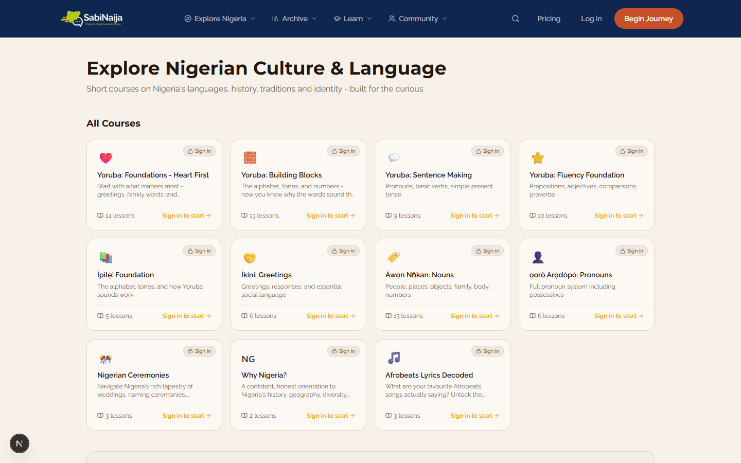 The SabiNaija Yoruba course catalogue, listing lesson counts across foundations, building blocks, sentence making, and more.